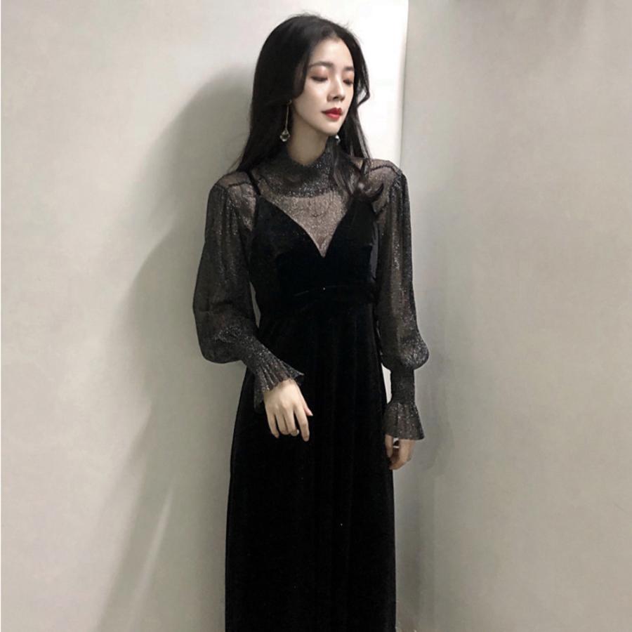 パーティードレス シースルー ロング 通販 ドレス ワンピース レースワンピース ロングワンピース ドレスワンピース ロングスカート Aライン ロング丈 長袖 - 画像 (2)