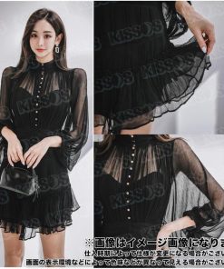 ワンピース レディース ドレス 長袖 フレア調 フリル ミニ丈 キャバドレス 透け感 セクシー 可愛い お洒落 パーティー (M, ブラック)