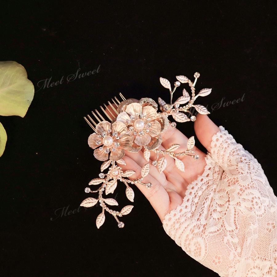 ヘッドドレス コーム フラワー 髪飾り ヘアアクセサリー 二次会 発表会 結婚式 花嫁 和装 着物 卒業式 パーティー ウェディング ブライダル ゴールド ヘアコーム - 画像 (2)