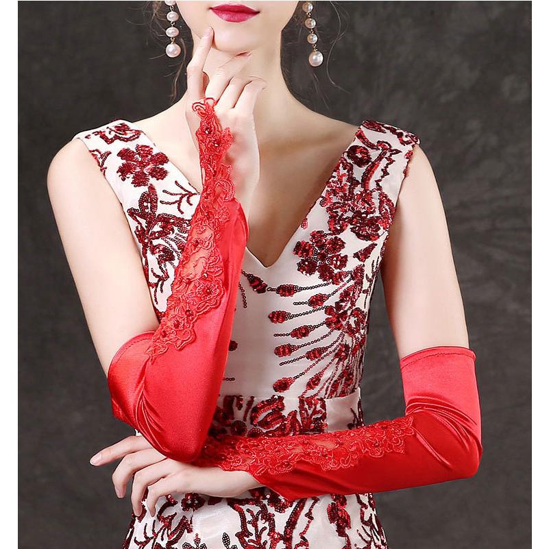 plusnao ウェディンググローブ ロンググローブ フィンガーレスグローブ ネイル手袋 指なし手袋 ウェディング手袋 ガントレット 長手袋 ロング サテン調 結婚式 - 画像 (4)