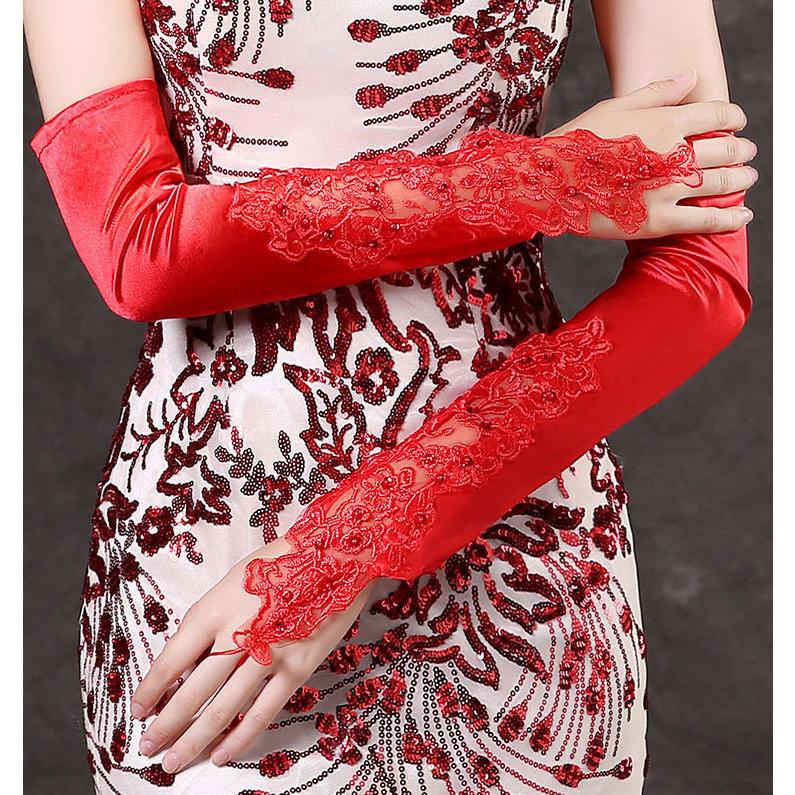 plusnao ウェディンググローブ ロンググローブ フィンガーレスグローブ ネイル手袋 指なし手袋 ウェディング手袋 ガントレット 長手袋 ロング サテン調 結婚式 - 画像 (5)