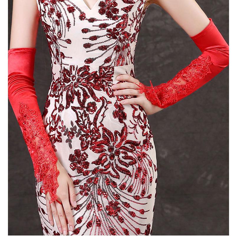 plusnao ウェディンググローブ ロンググローブ フィンガーレスグローブ ネイル手袋 指なし手袋 ウェディング手袋 ガントレット 長手袋 ロング サテン調 結婚式 - 画像 (6)