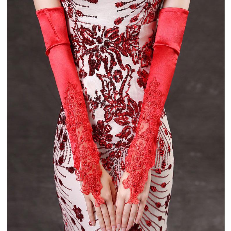 plusnao ウェディンググローブ ロンググローブ フィンガーレスグローブ ネイル手袋 指なし手袋 ウェディング手袋 ガントレット 長手袋 ロング サテン調 結婚式 - 画像 (7)