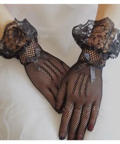 plusnao ウェディンググローブ レディース 女性 ウェディング小物 ブライダル 手袋 ショート メッシュ レース リボン ホワイト ブラック 無地 上品 おしゃ