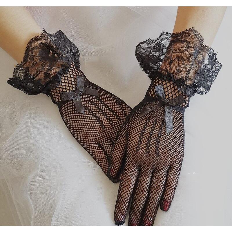 plusnao ウェディンググローブ レディース 女性 ウェディング小物 ブライダル 手袋 ショート メッシュ レース リボン ホワイト ブラック 無地 上品 おしゃ