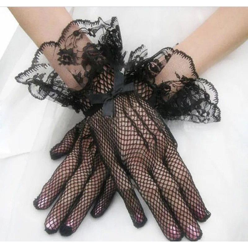 plusnao ウェディンググローブ レディース 女性 ウェディング小物 ブライダル 手袋 ショート メッシュ レース リボン ホワイト ブラック 無地 上品 おしゃ - 画像 (2)