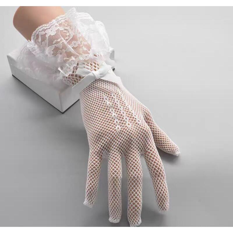 plusnao ウェディンググローブ レディース 女性 ウェディング小物 ブライダル 手袋 ショート メッシュ レース リボン ホワイト ブラック 無地 上品 おしゃ - 画像 (5)