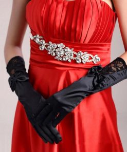 plusnao ウエディンググローブ サテングローブ ミディアム丈 ドレス手袋 レディース 婦人用 ブライダル小物 レース リボン 光沢感 おしゃれ かわいい エレガ