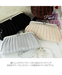 PourVous パーティーバッグ 結婚式 フォーマルバッグ  クラッチバッグ 二次会 フォーマル がま口 サテン プリーツ ビジュー ハンドバッグ