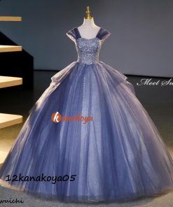 カラードレス 編み上げ ブルー ネイビー ロングドレス 結婚式 二次会 発表会 演奏会 ウェディングドレス ウエディングドレス 花嫁 前撮り 上品 プリンセスドレス