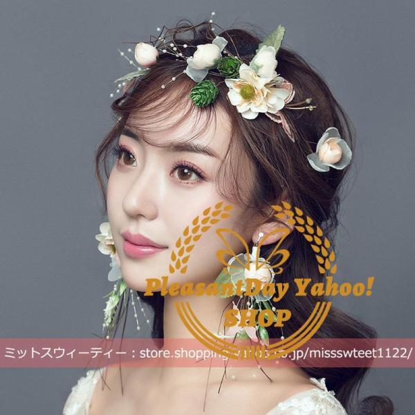 花冠 ウェディング 花かんむり+イヤリング/ピアス 花輪 大人花冠 造花 ヘッドドレス 髪飾り 花嫁 二次会 結婚式 フラワーティアラ ヘアバンド 披露宴 前撮り