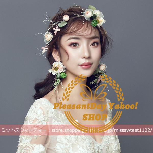 花冠 ウェディング 花かんむり+イヤリング/ピアス 花輪 大人花冠 造花 ヘッドドレス 髪飾り 花嫁 二次会 結婚式 フラワーティアラ ヘアバンド 披露宴 前撮り - 画像 (2)