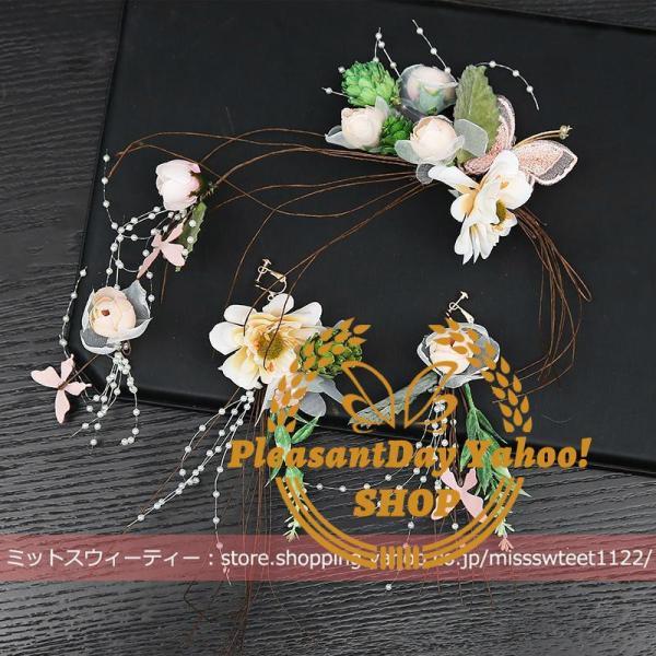 花冠 ウェディング 花かんむり+イヤリング/ピアス 花輪 大人花冠 造花 ヘッドドレス 髪飾り 花嫁 二次会 結婚式 フラワーティアラ ヘアバンド 披露宴 前撮り - 画像 (3)
