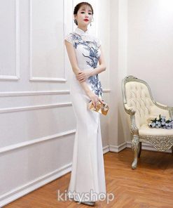 【タイムセール】チャイナドレス レース 刺繍 キレイめ マーメイドドレス スリット ホワイトドレス ロングドレス 袖あり パーティードレス 白 イブニングドレス