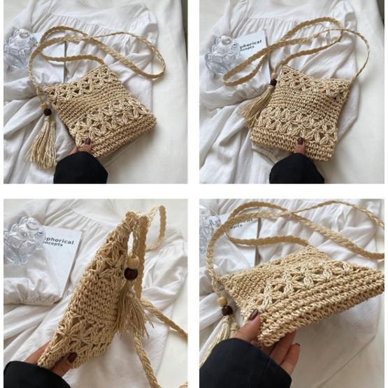 かごバッグ ショルダー レディース 肩掛け 斜めがけ 草編みバック フリンジ 草編み 軽量 おしゃれ 巾着付き かわいい 旅行 リゾート - 画像 (3)