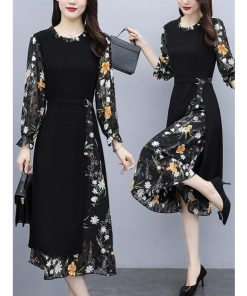 【値下げ】レディースファッション パーティードレス 結婚式 お呼ばれドレス ワンピース 袖あり 大きいサイズ 花柄 長袖 半袖 ミモレ丈 黒 韓国 フォーマル