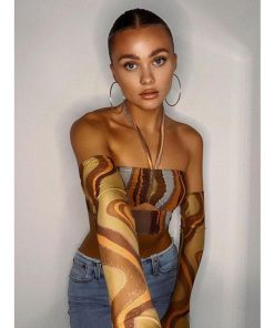 グローブ トップス バックレス ノースリーブ プリント セクシー クロップ ホルターネック レディース