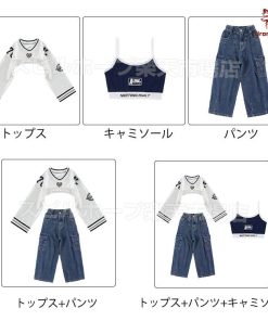 長袖 トップス 紺 キャミソール デニムパンツ キッズ ダンス衣装 セットアップ 上下セット おしゃれ 女の子 かっこいい かわいい カーゴパンツ カジュアル へそ