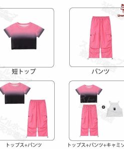 【ピンク】半透明 タイダイ柄 キッズ ダンス衣装 セットアップ 女の子 韓国 k-pop チア チアガール 半袖 Tシャツ ショート丈トップ へそ出し カーゴパンツ サル