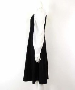 デイジー Dazy ワンピース フレア ロング 異素材 切替 シアー スクエアネック パフスリーブ ボリューム袖 長袖 L 黒 ブラック 白 ホワイト