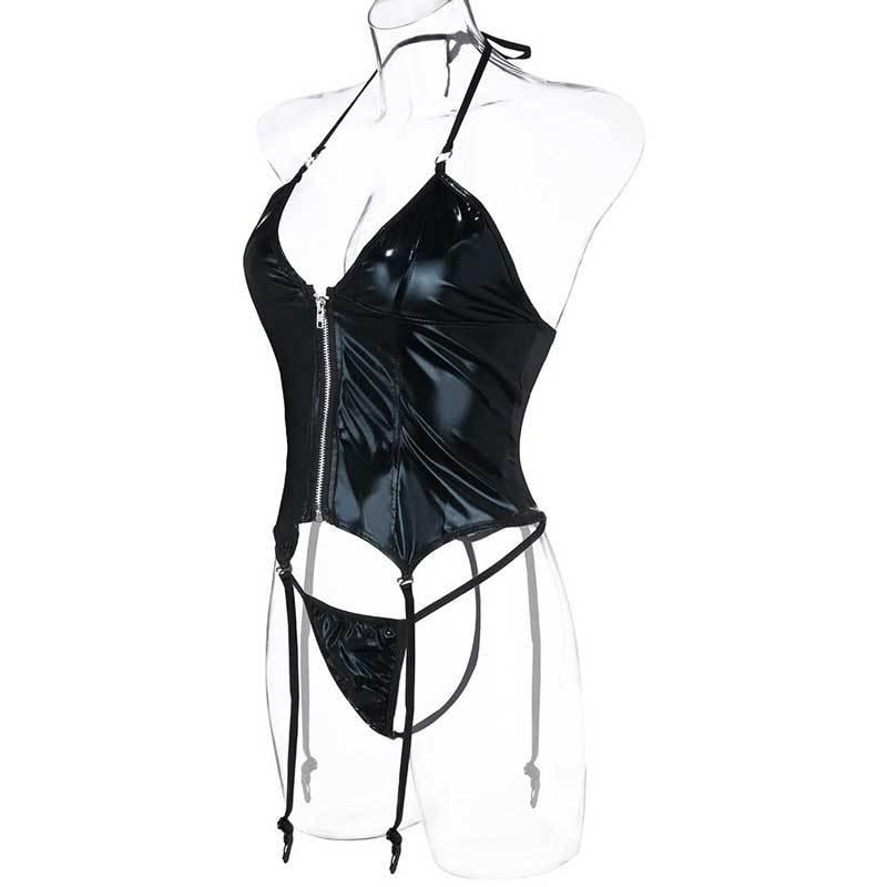 送料無料2〜4日後到着 コスチューム ボンテージ レデース セクシー衣装 エナメル コスプレ 前身頃ファスナー 楽器演奏 ステージ衣装 レザーショーツ付き 黒 - 画像 (4)