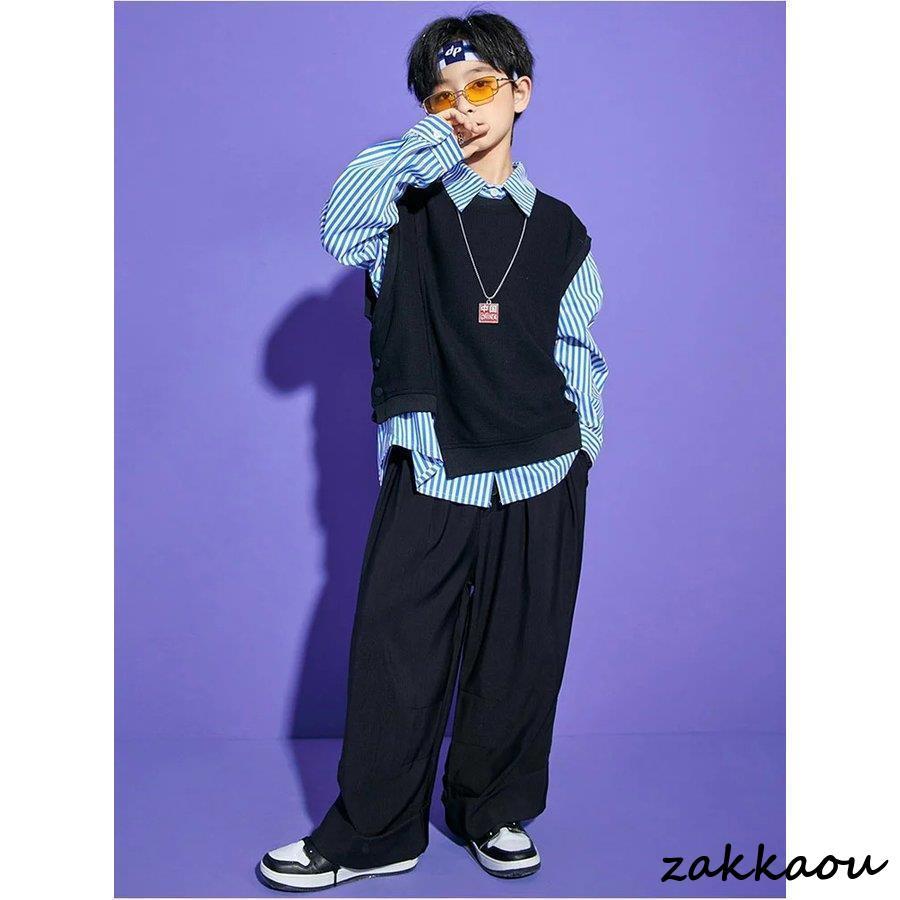 キッズ ダンス衣装 ヒップホップ セットアップ シマ柄シャツ ベスト 黒 ブルー ワイドパンツ 社交ダンス 長ズボン 女の子 男の子 韓国 ジャズダンス ガールズ チ - 画像 (6)
