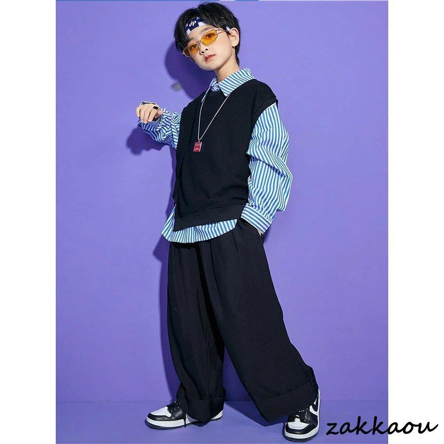 キッズ ダンス衣装 ヒップホップ セットアップ シマ柄シャツ ベスト 黒 ブルー ワイドパンツ 社交ダンス 長ズボン 女の子 男の子 韓国 ジャズダンス ガールズ チ - 画像 (7)