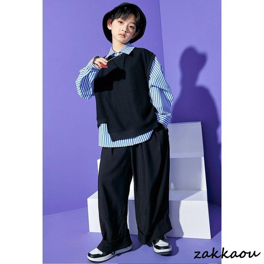 キッズ ダンス衣装 ヒップホップ セットアップ シマ柄シャツ ベスト 黒 ブルー ワイドパンツ 社交ダンス 長ズボン 女の子 男の子 韓国 ジャズダンス ガールズ チ - 画像 (8)