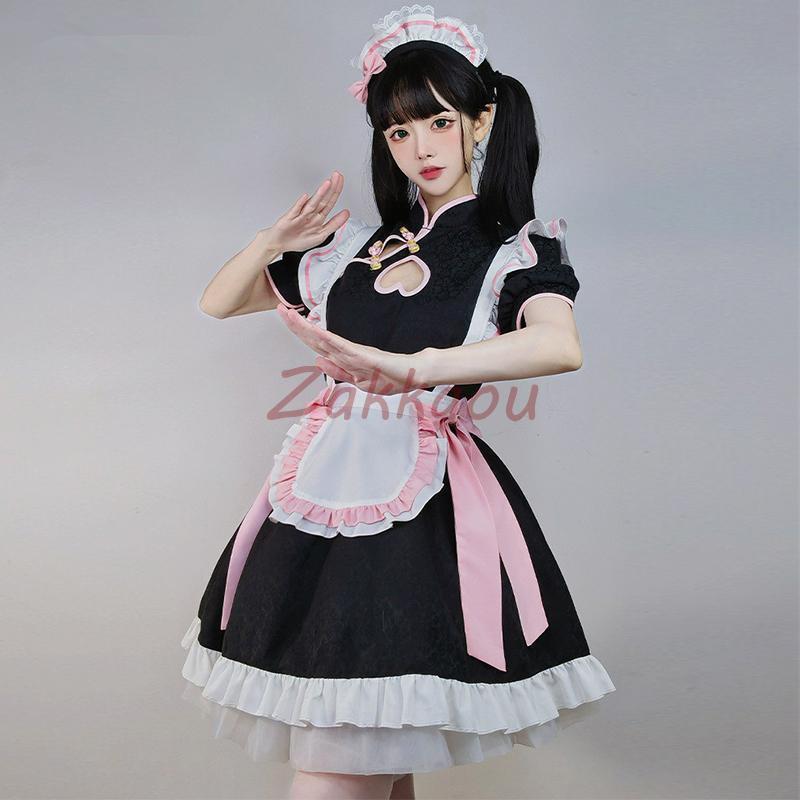 チャイナ メイド服 コスプレ チャイナドレス ワンピース ロリータ 半袖 仮装 レディース 萌え こすぷれ 可愛い 喫茶店 蝶結ぶ