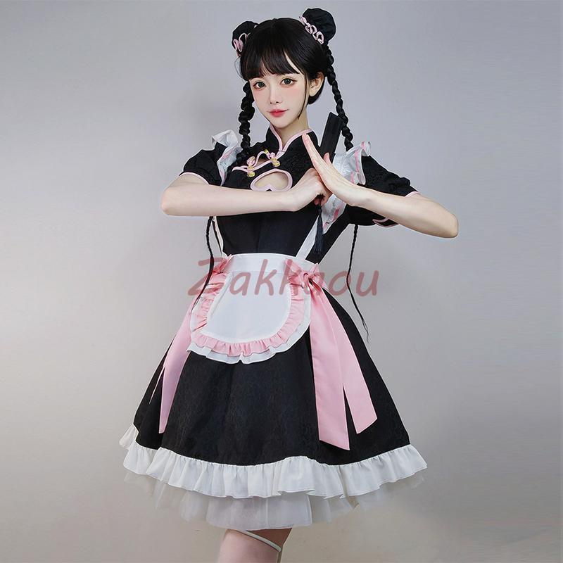 チャイナ メイド服 コスプレ チャイナドレス ワンピース ロリータ 半袖 仮装 レディース 萌え こすぷれ 可愛い 喫茶店 蝶結ぶ - 画像 (2)