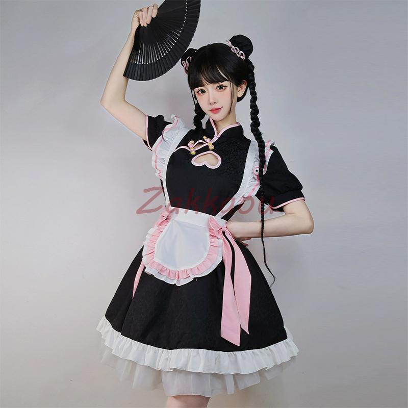 チャイナ メイド服 コスプレ チャイナドレス ワンピース ロリータ 半袖 仮装 レディース 萌え こすぷれ 可愛い 喫茶店 蝶結ぶ - 画像 (6)